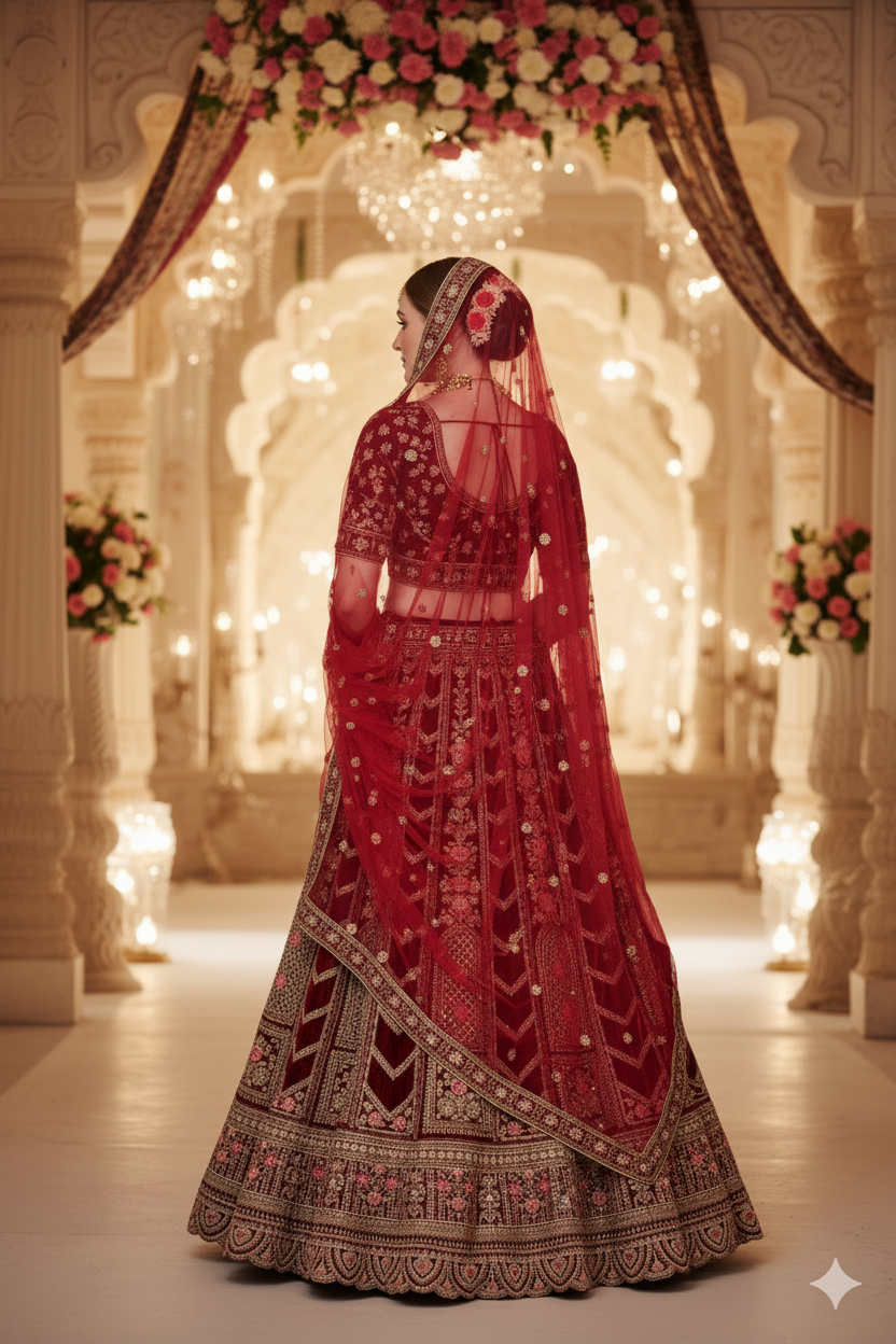 Silakaari Maroon Velvet Bridal Lehenga with Zari, Zarkan & Cutdana Work