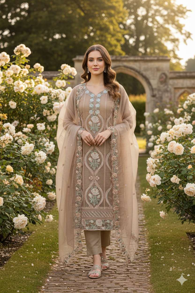 Silakaari Alfaaz Brown Pure Organza Heavy Dimond Embroidery Unstitched  Suits