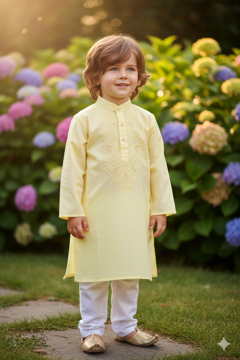 Silakaari Kids Yellow Lucknowi Pure Cotton Kurta Pajama Set For Boys