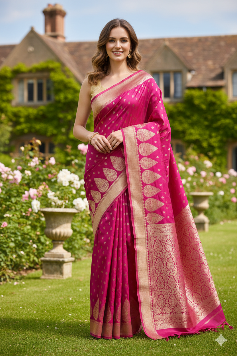 Silakaari Azmaish Hot Pink-Gold Tone Woven Silk Banarasi Saree
