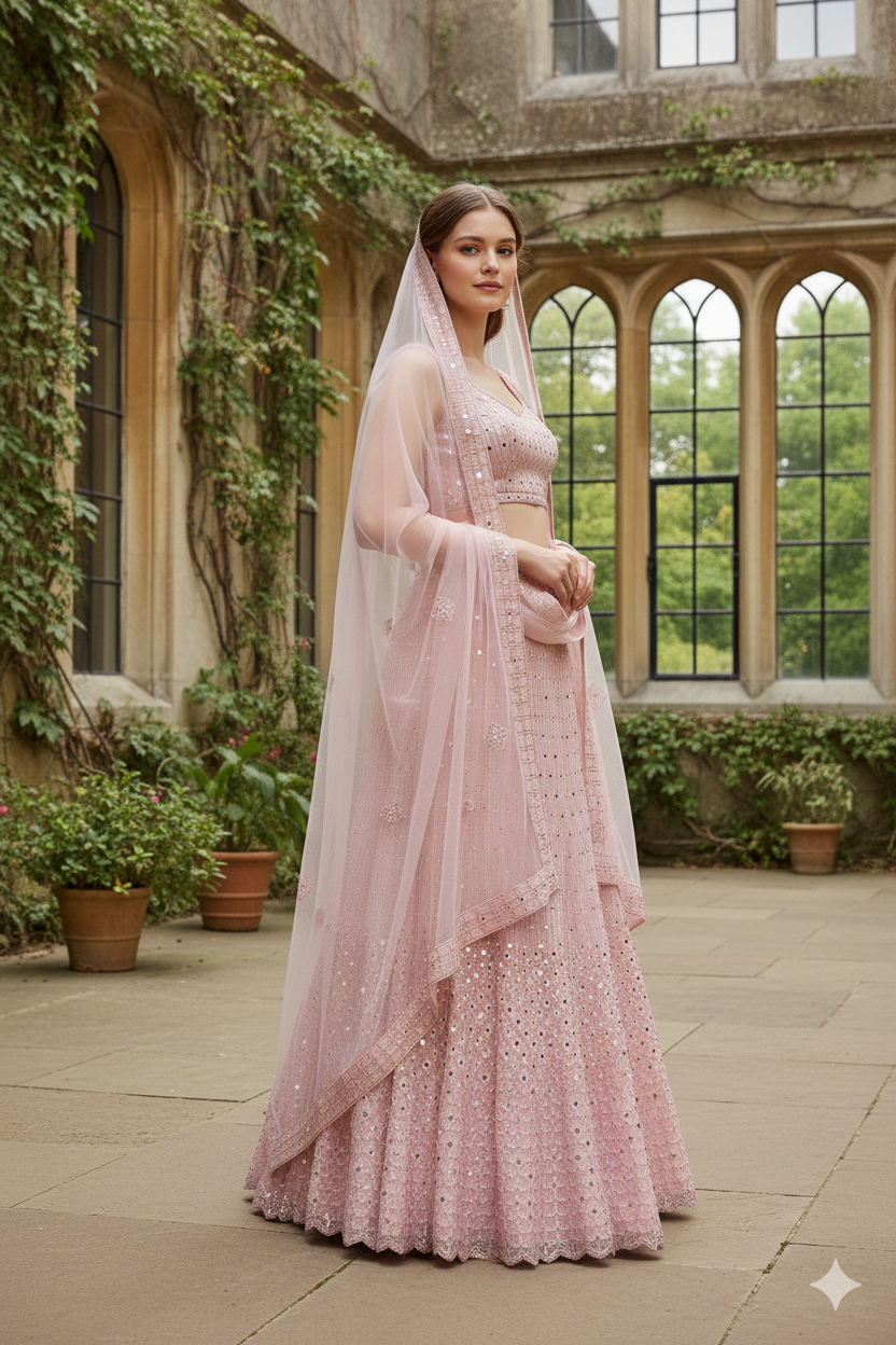 Silakaari Pure Net Mirror Pink Zari Work Unstitched Lehenga Set