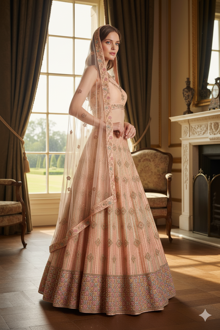 Silakaari Maghroor Peach Multi-Color Pure Net Zari Dimond Party Wear Unstitched Lehenga Set