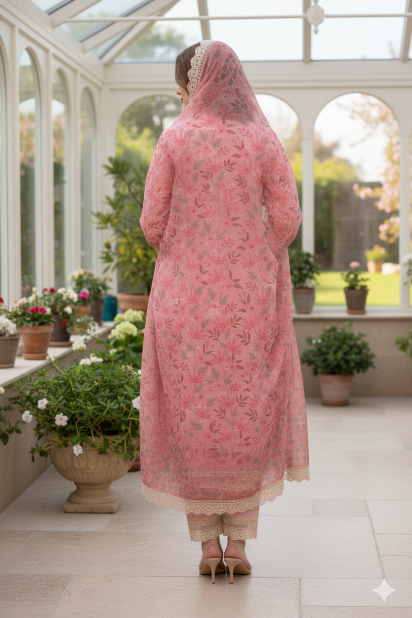 Silakaari Women's Pink Mirror Floral Lacy Front Designer  Ready-made Dress