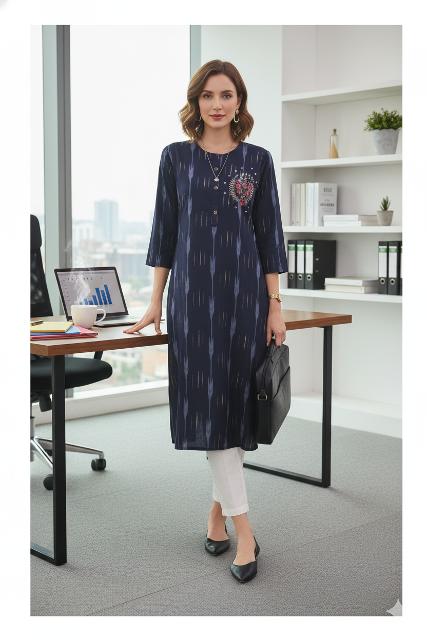 Silakaari Yalina Navy Blue Printed Hand Embroidery Long Kurti