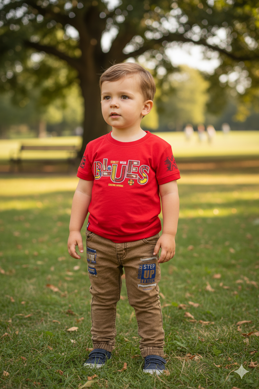 Silakaari Brick Red T-Shirt With Beige Denim Jeans Set For Boys