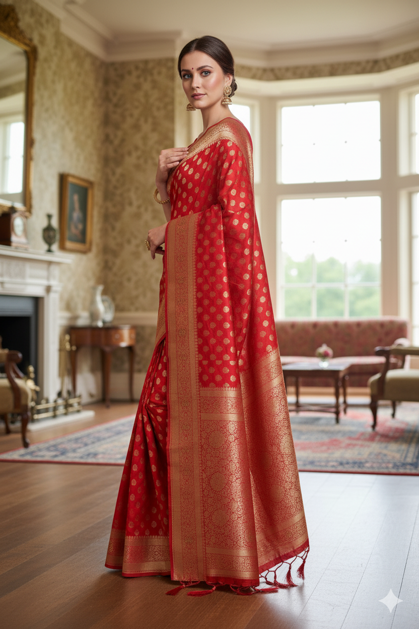 Silakaari Haseen Orangish-Gold Zari Hand Work Zardosi Tassels Pure Silk Heavy Bridal Saree