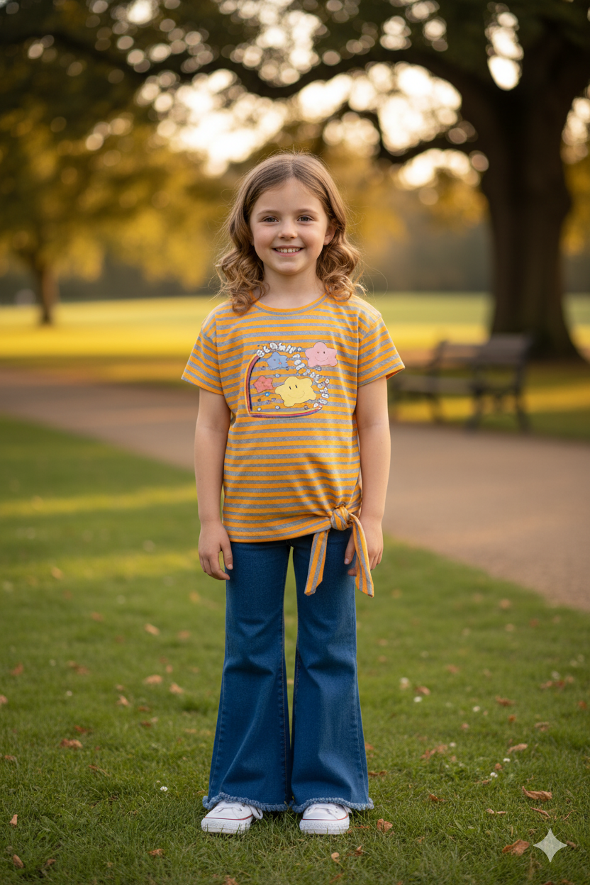 Silakaari Lara Mustard Striped T-Shirt With Bear Printed Denim Jeans Set For Girls