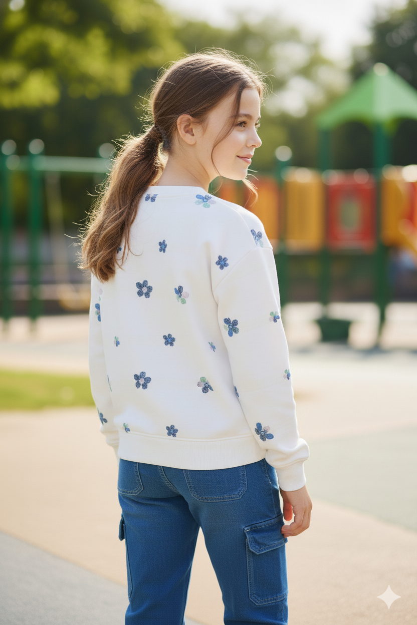Silakaari Minha White Floral T-Shirt With Denim Baggy Side Pockets Jeans Set for Girls