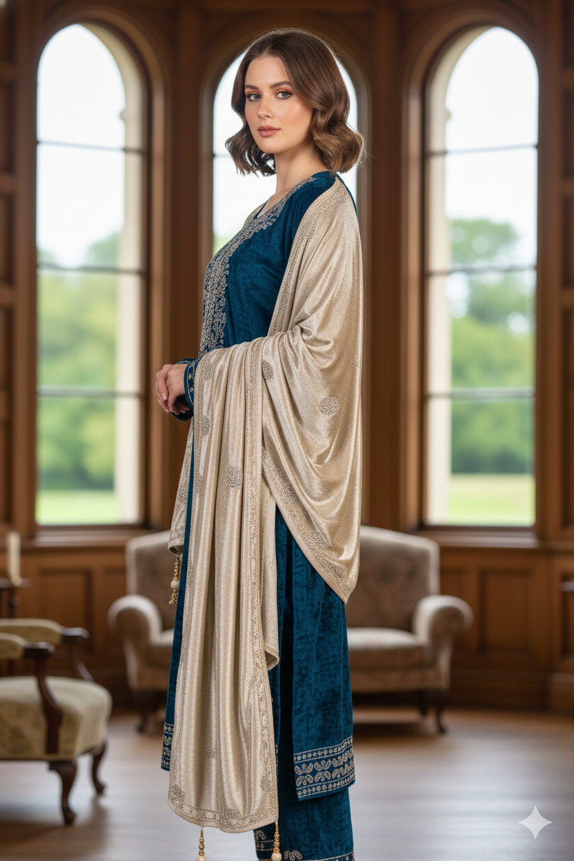 Silakaari Mahima Turquoise Dimond Pure Velvet Fancy Bridal Kurti Pant Set