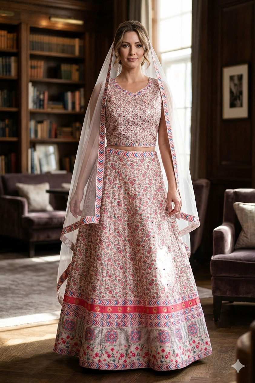 Silakaari Cream-Pink Ada Mirror Sequin Crop Top Fancy Party Wear Lehenga Sharara set