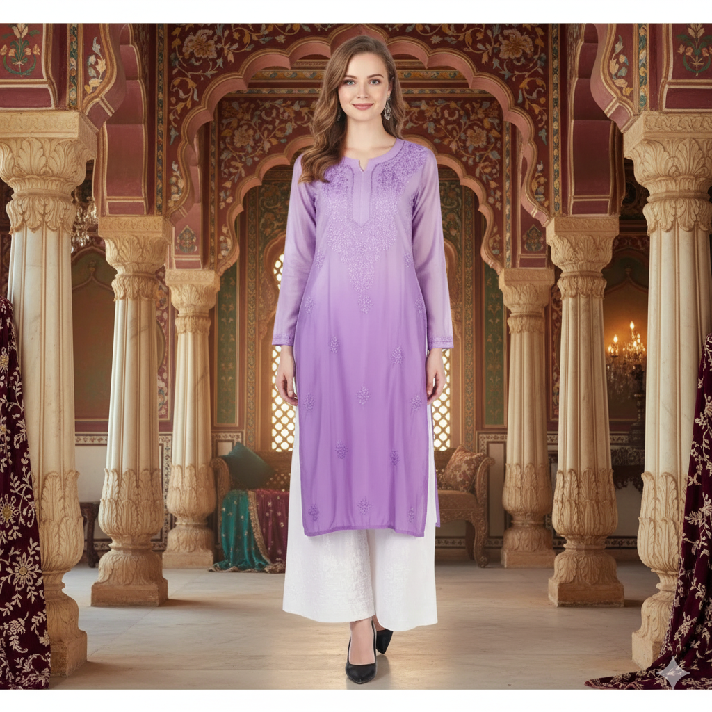 Silakaari Women's Blaze Pure Chanderi Shaded Lucknowi Premium Long Kurti Palazzo Set