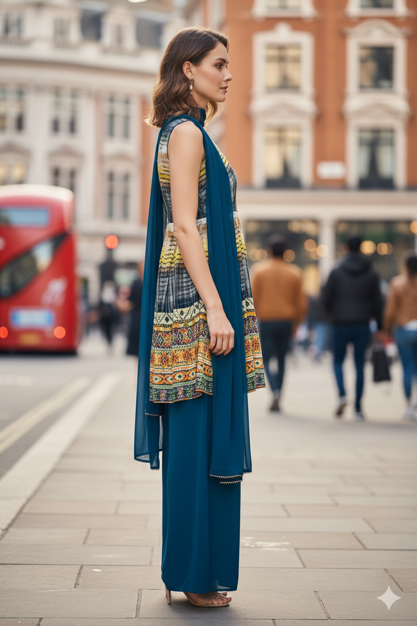 Silakaari Shehnaaz Teal Blue Mirror Front Panel Chinon Garara Set With Dupatta