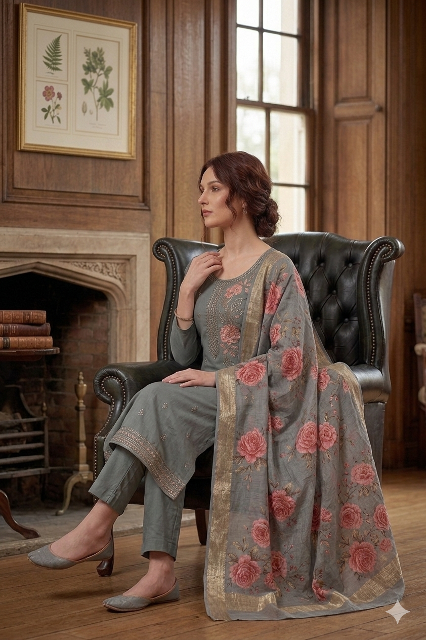 Silakaari Women's Heavy Hand Work Dola Silk Set With Fancy Banarasi Dupatta