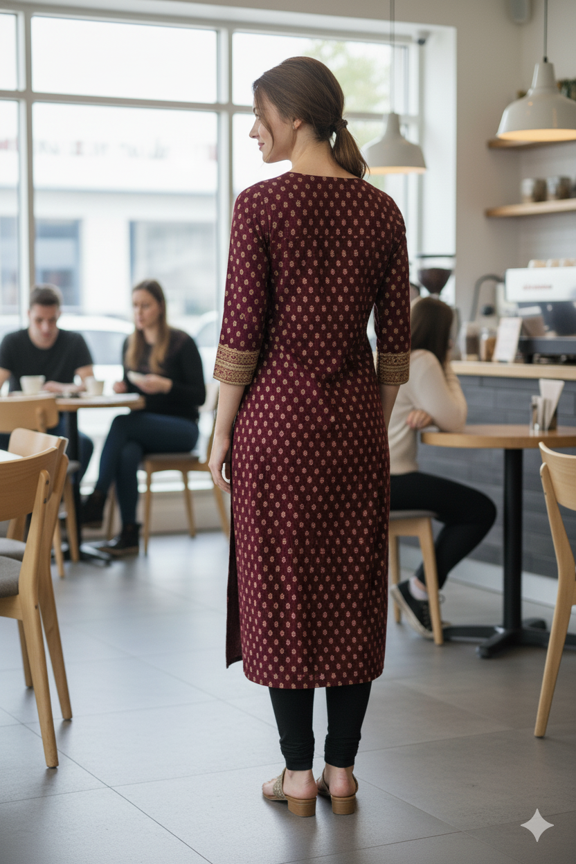 Silakaari Maleeka Maroon Foil Printed Rayon Long Kurti