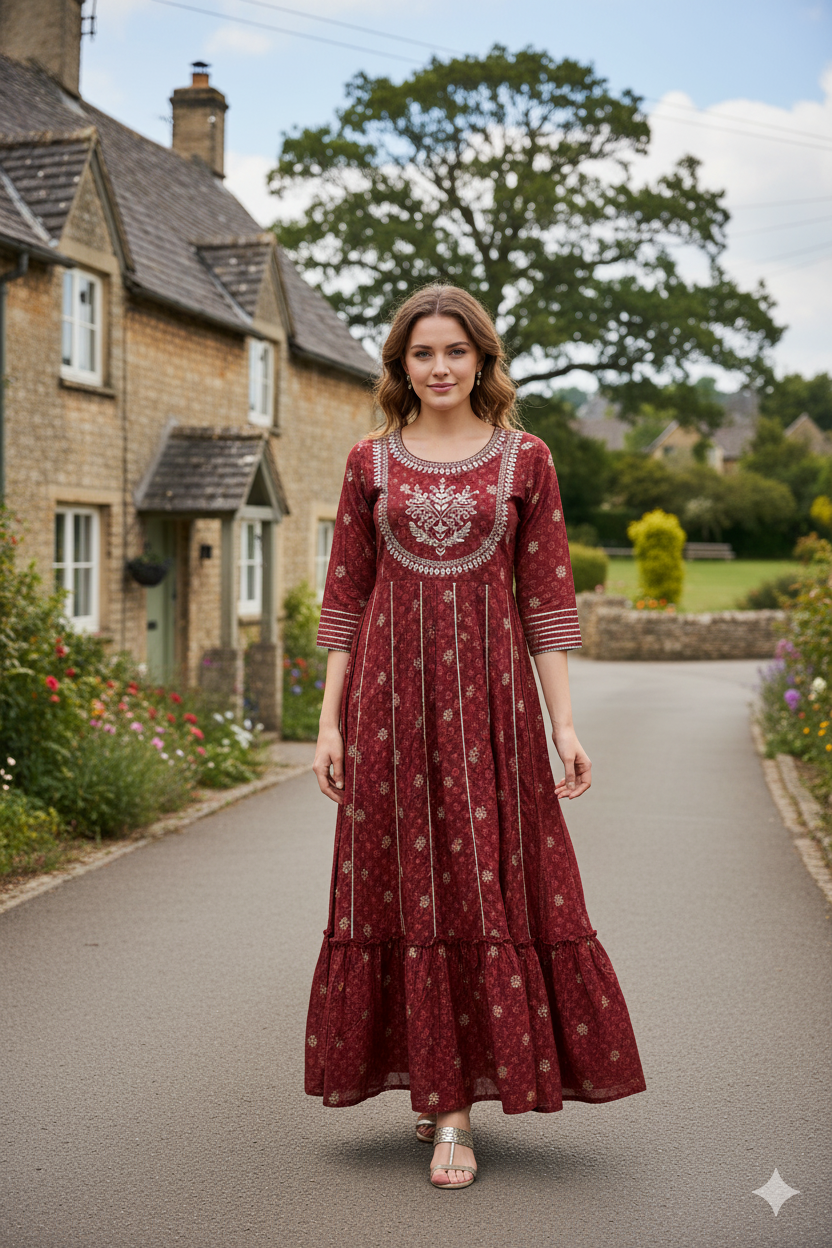 Silakaari Ezzah Red Cotton Foil Printed Full Length Anarkali