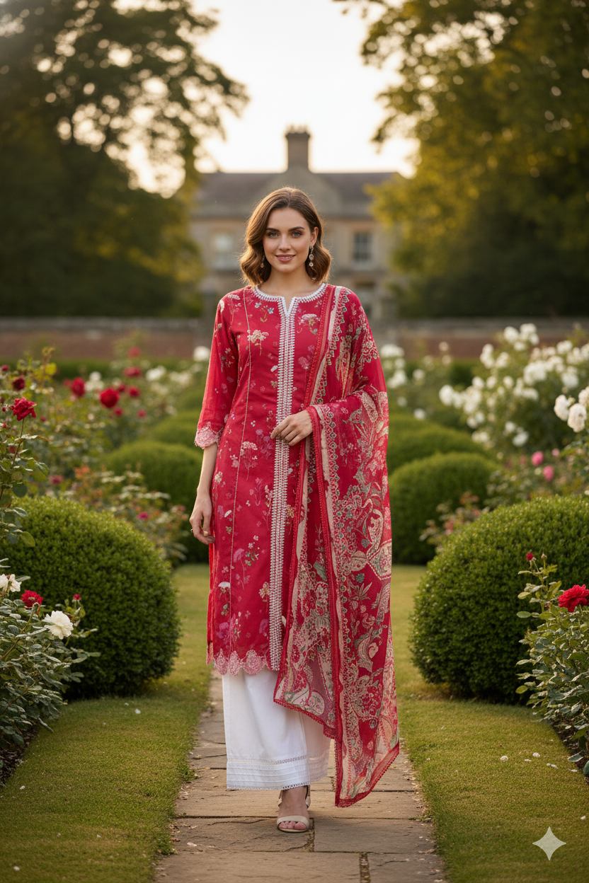 Silakaari Saaz Hot Pink Pure Lawn Embroidery Organza Patch Work  Ready-Made Dress