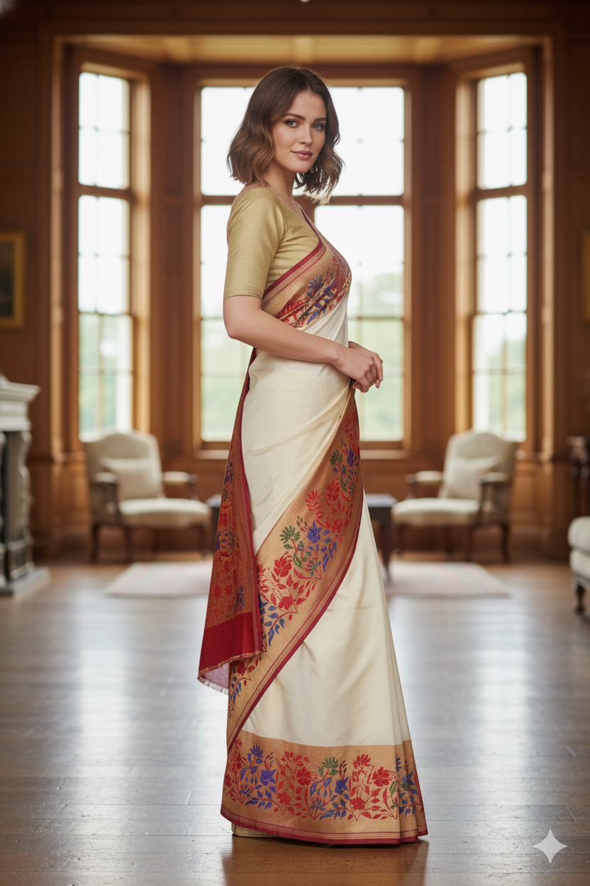 Silakaari Women's Off White Fancy Floral Border Banarasi Silk Saree