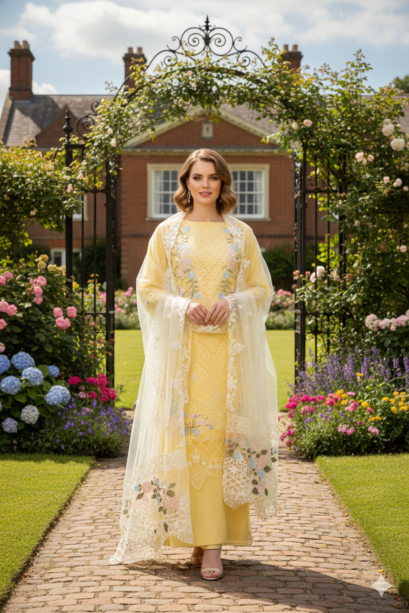 Silakaari Noorani Pure Lawn Beige Heavy Embroidery Organza Patch Work Unstitched  Suits