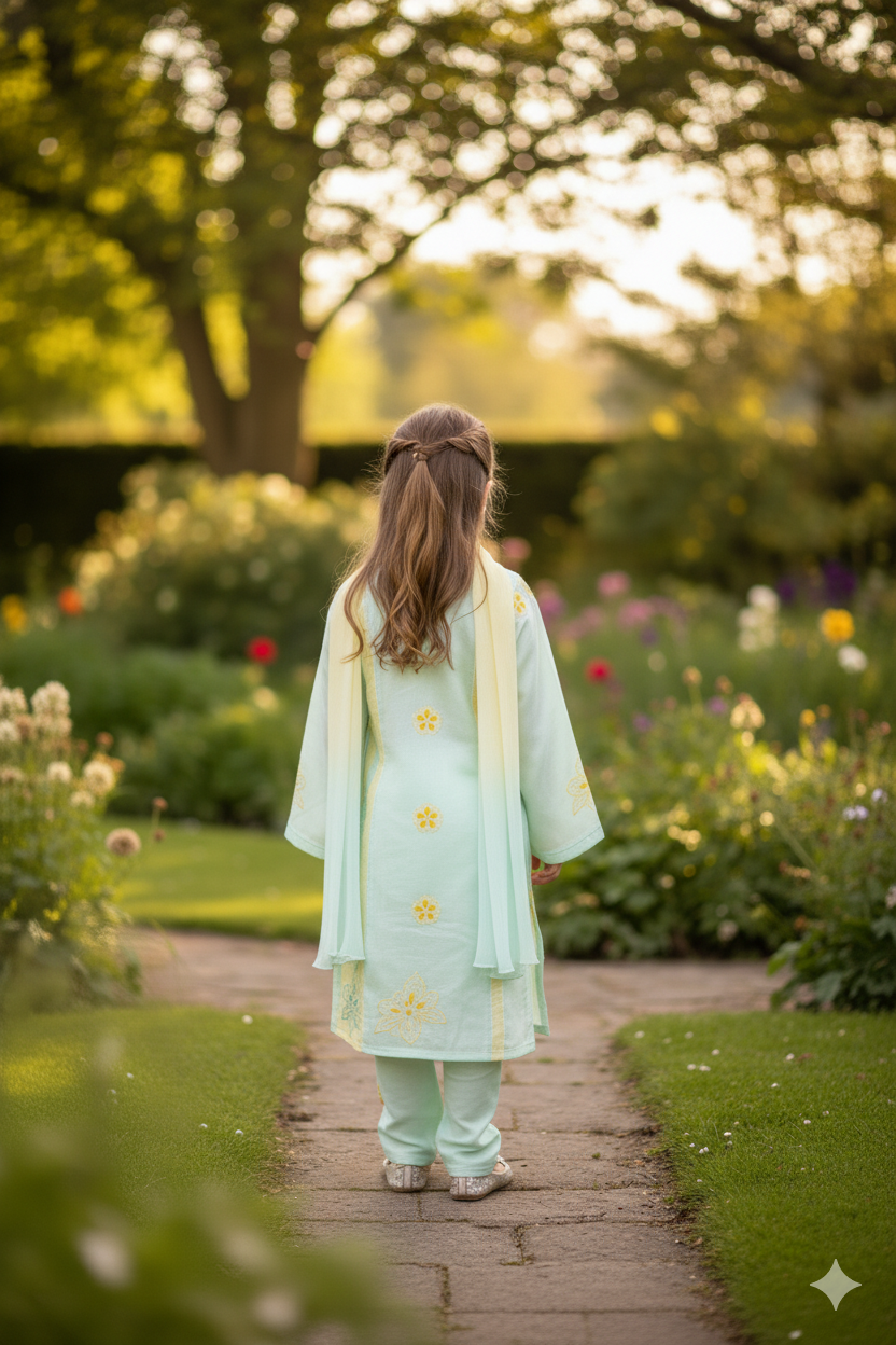 Silakaari Sadaf Green-Yellow Pure Cotton Lucknowi ChikanKari Anarkali Kurti Pant With Dupatta Set For Girls