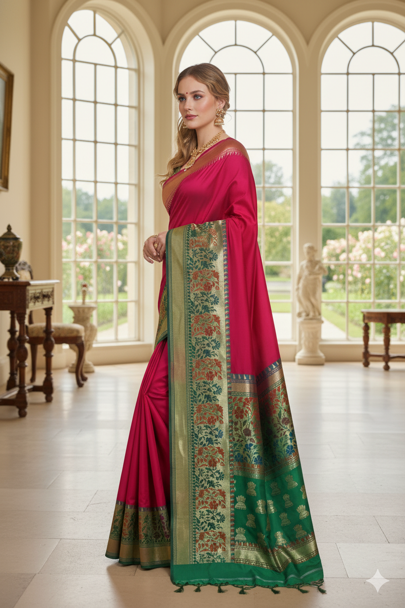 Silakaari Women's Bright Pink-Green Pure Silk Zari Banarasi Saree