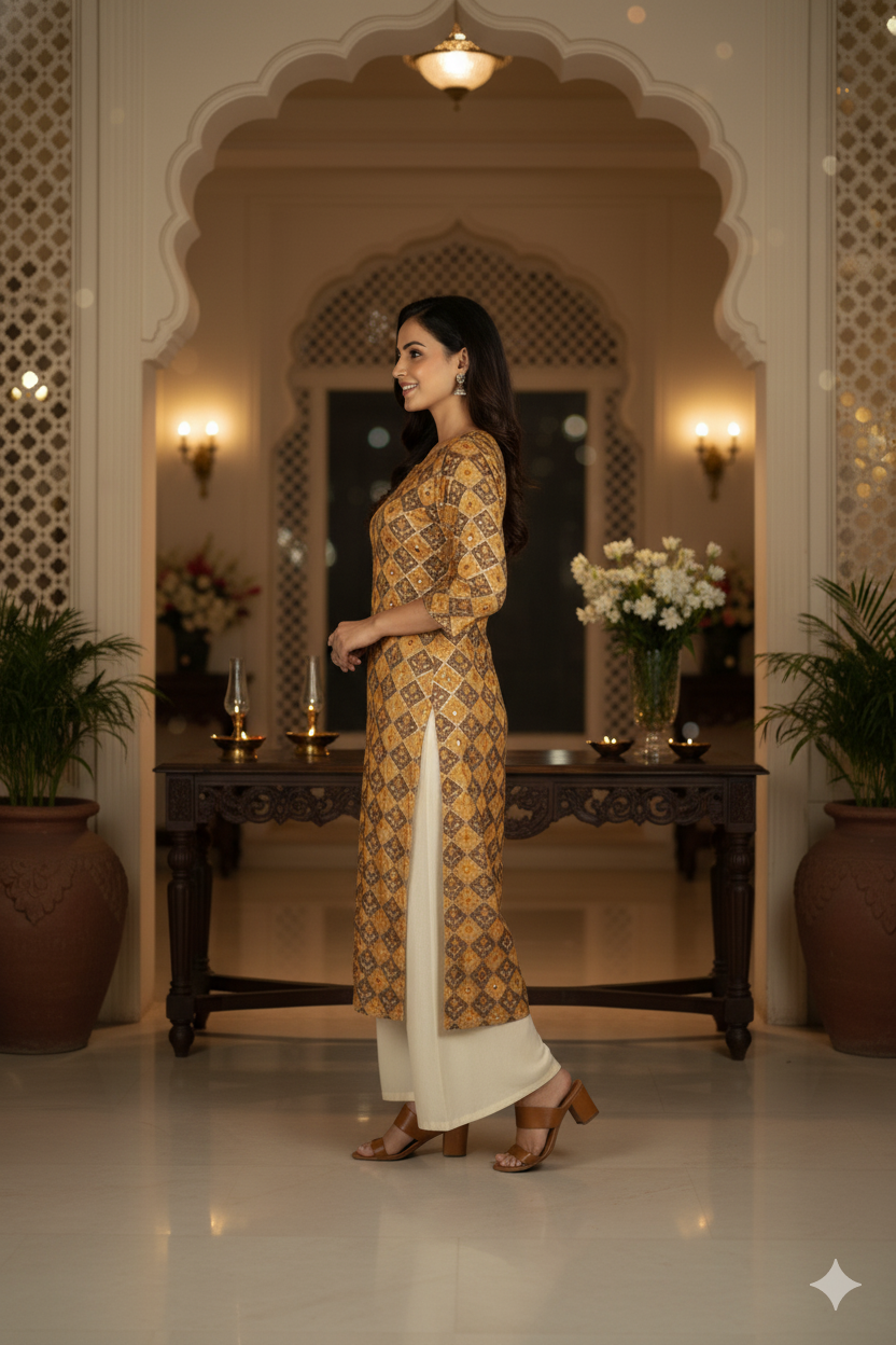 Silakaari Liyana Patola Print Mustard Rayon Straight Long Kurti with Mirror work
