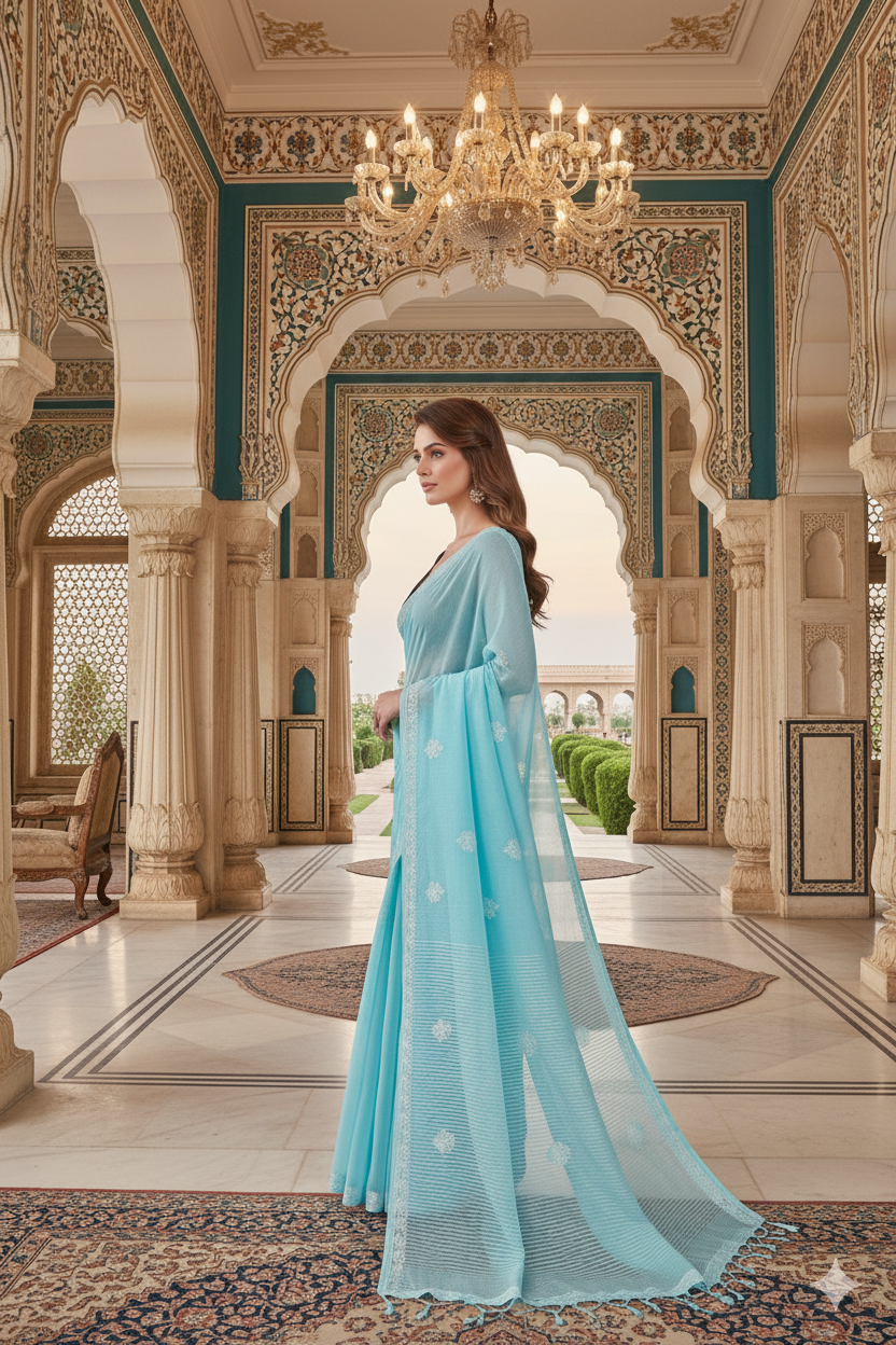 Silakaari Aasmani Pure Cotton Fine HandWork Super Delux Lucknowi Saree