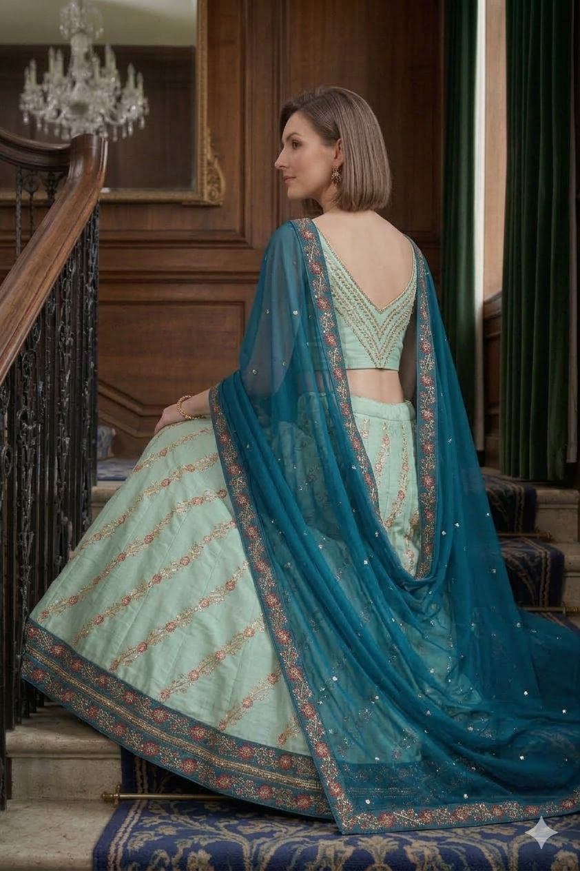 Silakaari Mehdood Teal Green Heavy Embroidery Sequin Border Silk Unstitched Lehenga Set