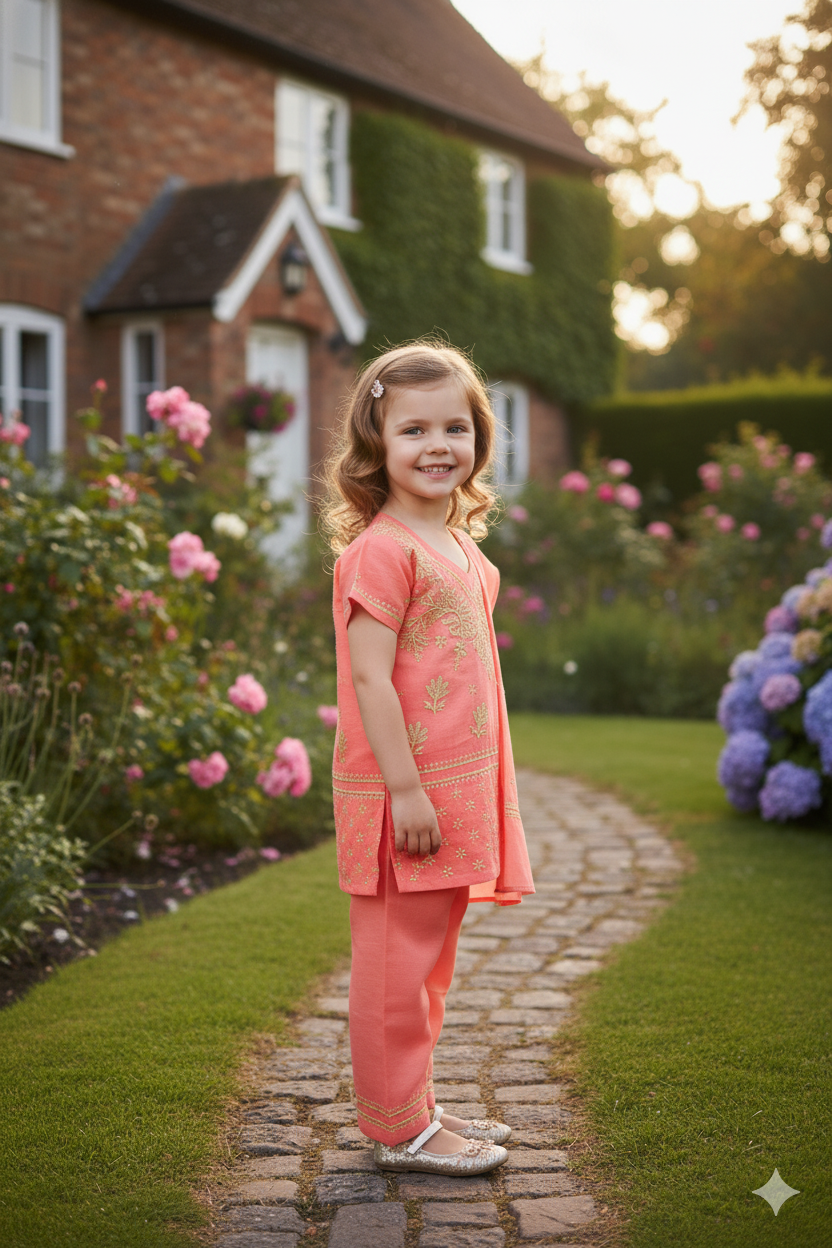 Silakaari Amal Carrot-Green Pure Cotton Lucknowi ChikanKari Kurti Pant With Dupatta Set For Girls