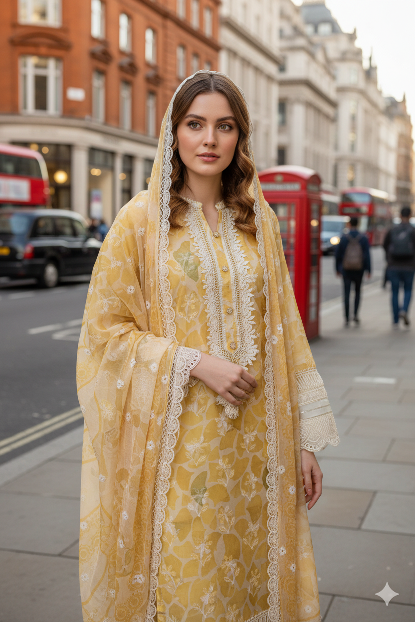 Silakaari Women's Yellow Mirror Floral Lacy Front Designer  Ready-made Dress