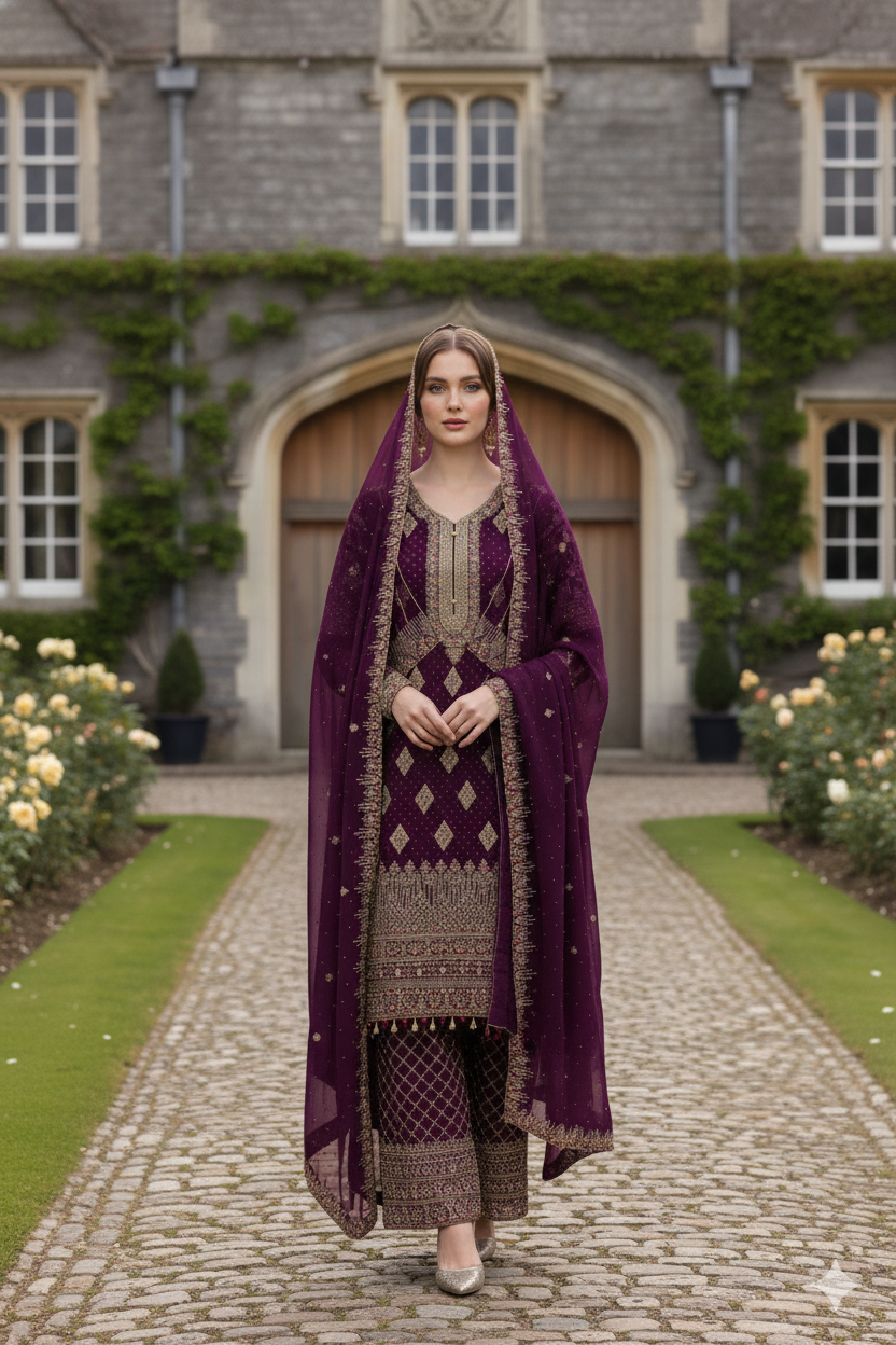 Silakaari Aashna Wine-Gold Pure Dimond Zari Heavy Georgette PartyWear Unstitched  Suits