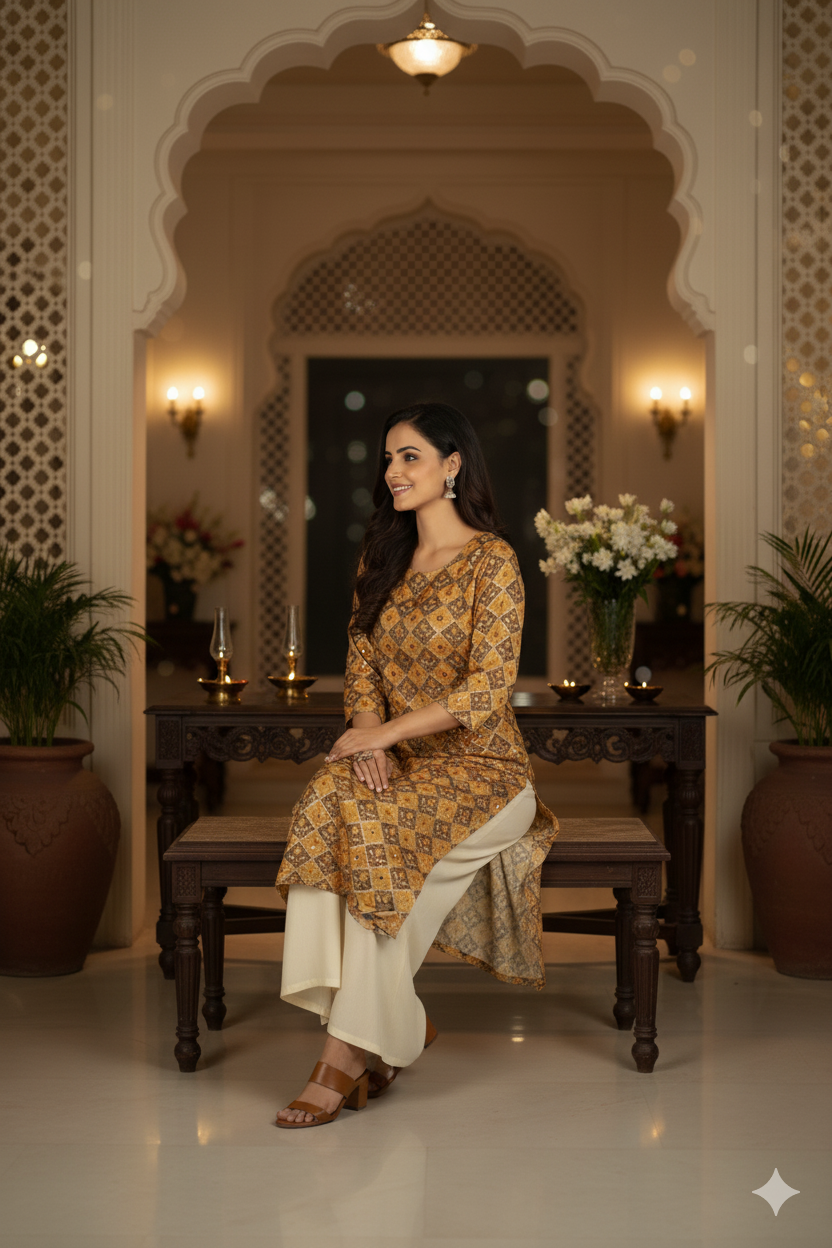 Silakaari Liyana Patola Print Mustard Rayon Straight Long Kurti with Mirror work