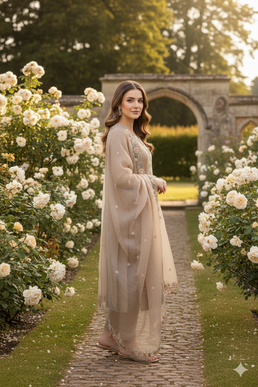 Silakaari Alfaaz Brown Pure Organza Heavy Dimond Embroidery Unstitched  Suits