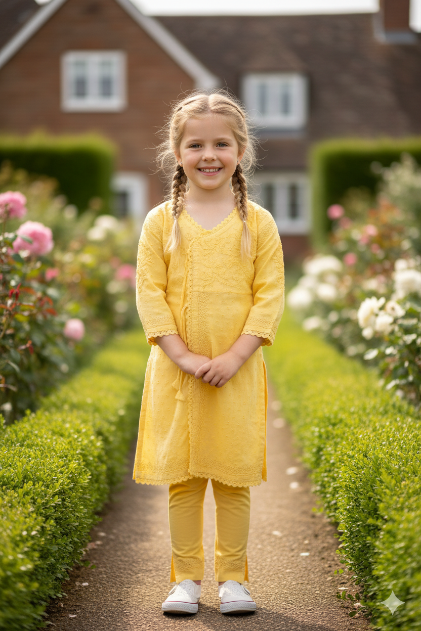 Silakaari Nabila Kids Yellow Mul Cotton Pure Lucknowi Kurti Pant set
