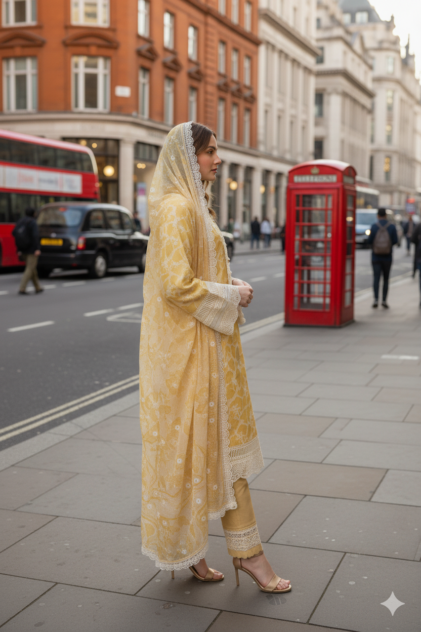 Silakaari Women's Yellow Mirror Floral Lacy Front Designer  Ready-made Dress