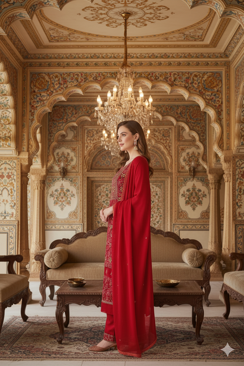 Silakaari Dulhan Gota Patti Maroon Full Jaal Premium Lucknowi Dress Material With Dupatta