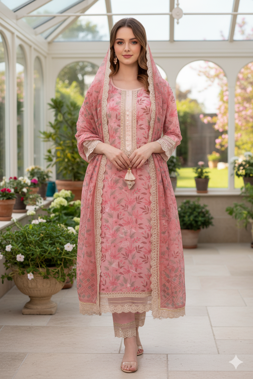 Silakaari Women's Pink Mirror Floral Lacy Front Designer  Ready-made Dress