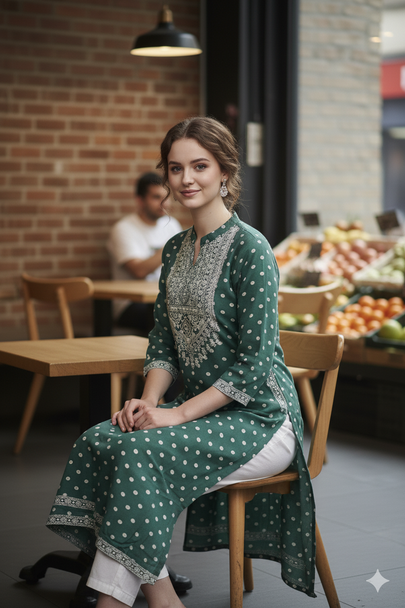 Silakaari Fariha Heavy Green Printed Mirror Work Full Length Aline Kurti