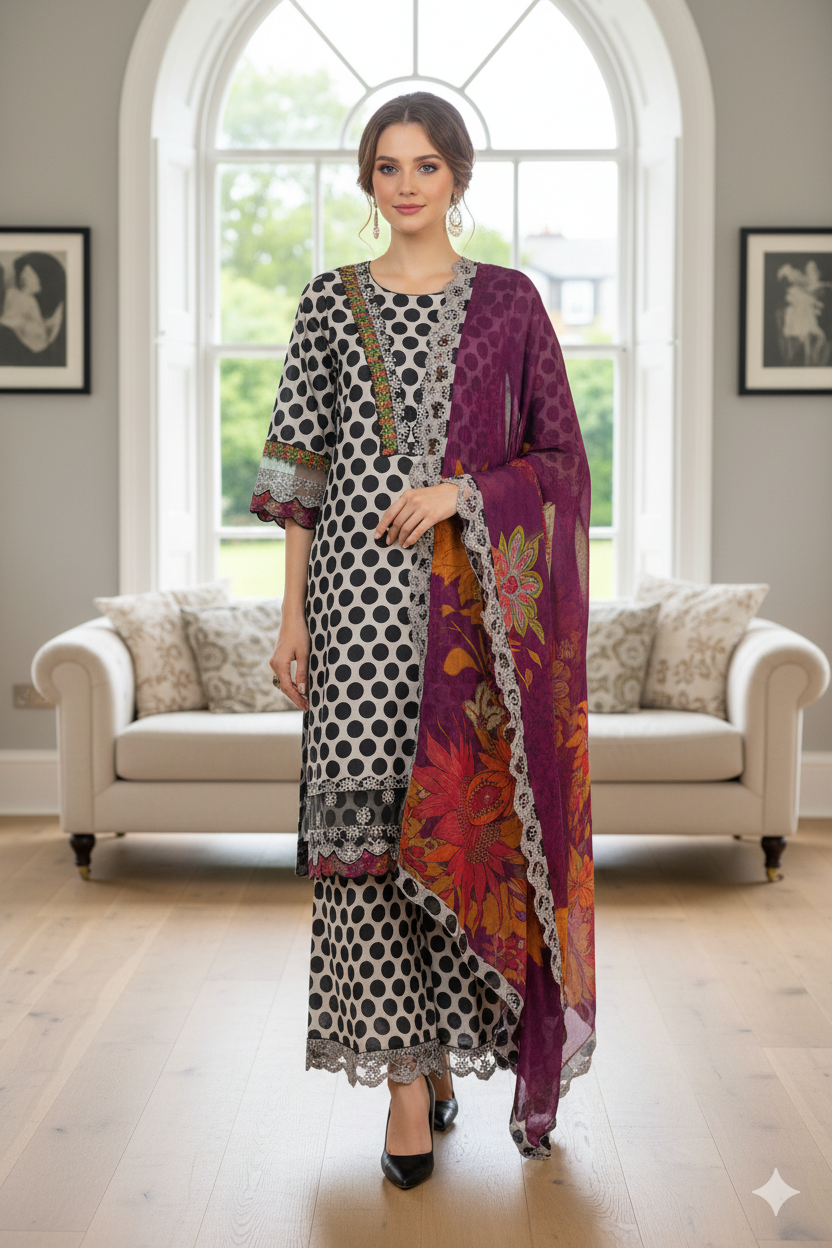 Silakaari Farhat Polka Dot Pure Lawn Beige-Black  Luxury  Ready-Made Dress