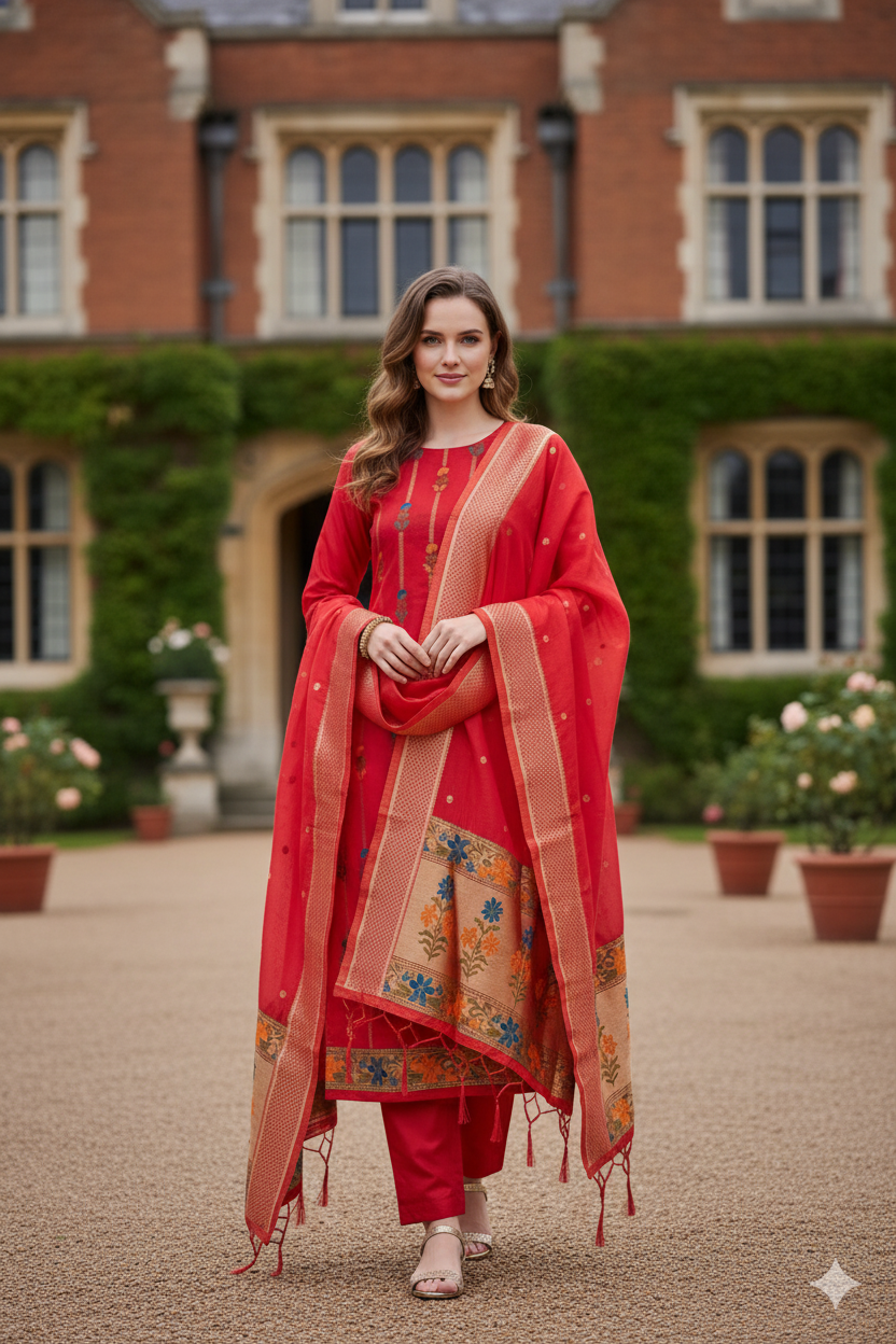 Silakaari Banarasi Silk Woven Zardosi Work & Golden foil Apple Red Unstitched Suit