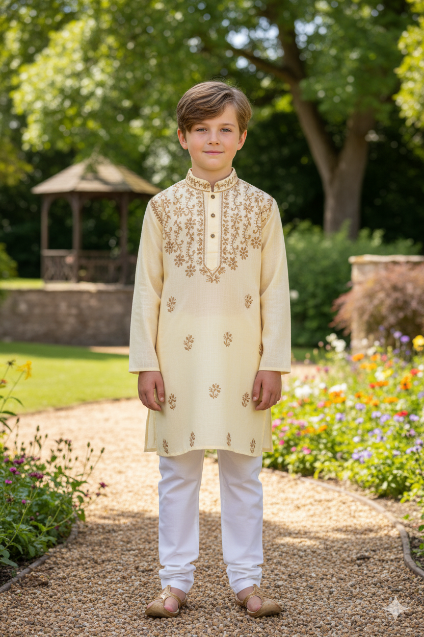 Silakaari Aayan Beige-Brown Pure Lucknowi Chikankari Kurta Pyjama Set For Boys