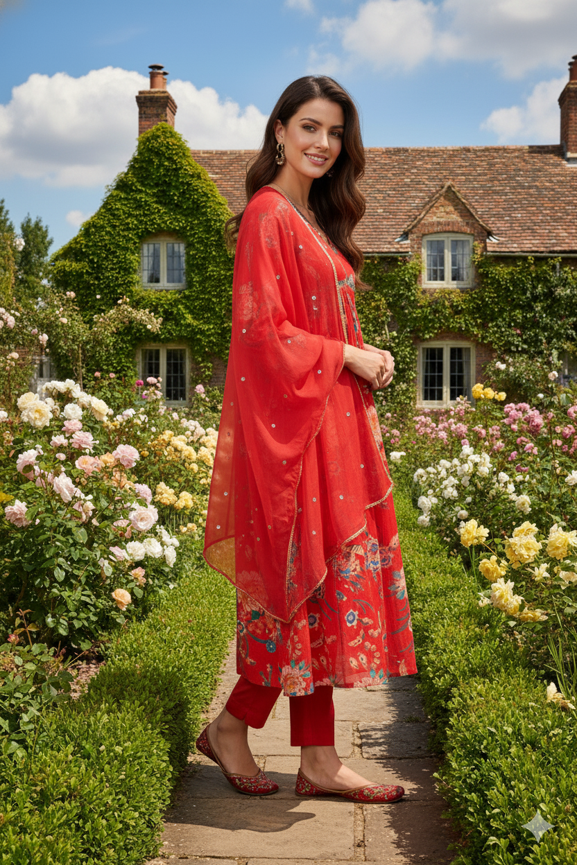 Silakaari Carrot Alia Style Pure Chinon Hand-work Kurti Set with Dupatta