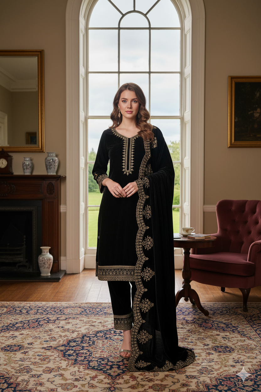 Black Classic Velvet Embroidery Work Heavy Bridal Kurti Pant Set