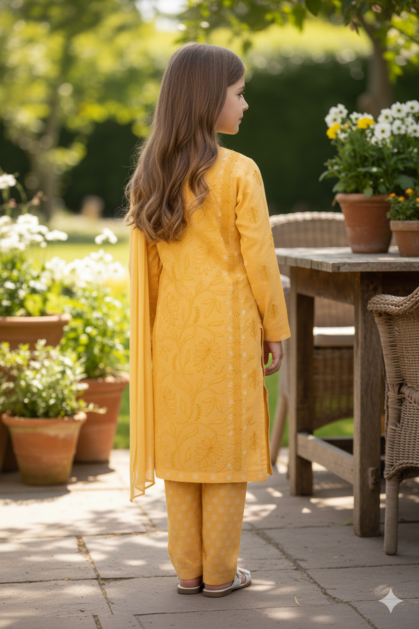 Silakaari Pari Beige-White Pure Cotton Lucknowi ChikanKari Kurti Pant With Dupatta Set For Girls