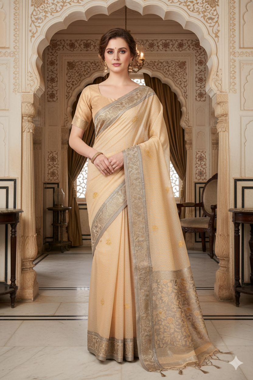 Silakaari Suvidha Beige-Gold Pure Chanderi Premium HandWork Partywear Saree
