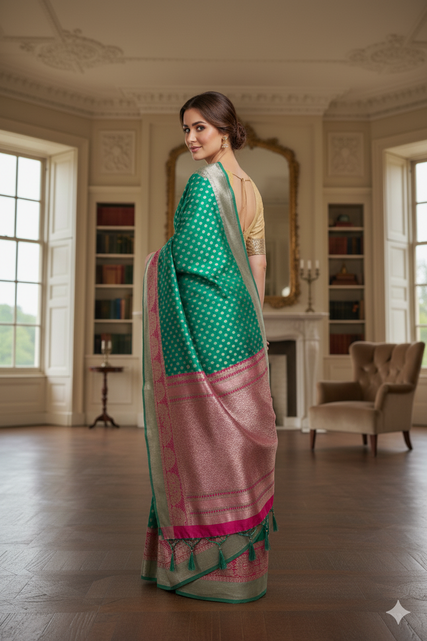 Luft Orangish Green Zardosi Embroidery Heavy Silk Bridal Saree