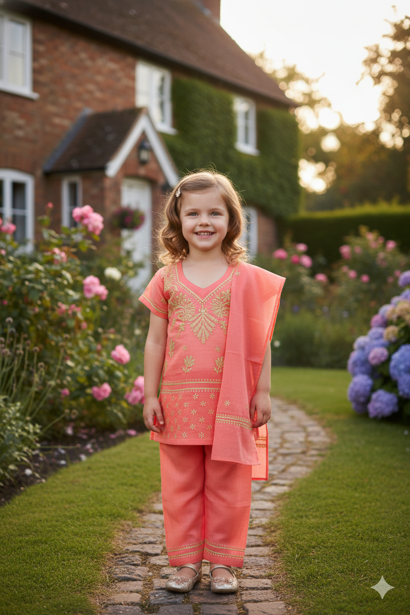 Silakaari Amal Carrot-Green Pure Cotton Lucknowi ChikanKari Kurti Pant With Dupatta Set For Girls