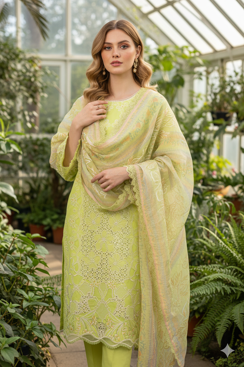 Silakaari Rangrasiya Pista Green All Over Chikan Organza Premium  Ready-Made Dress