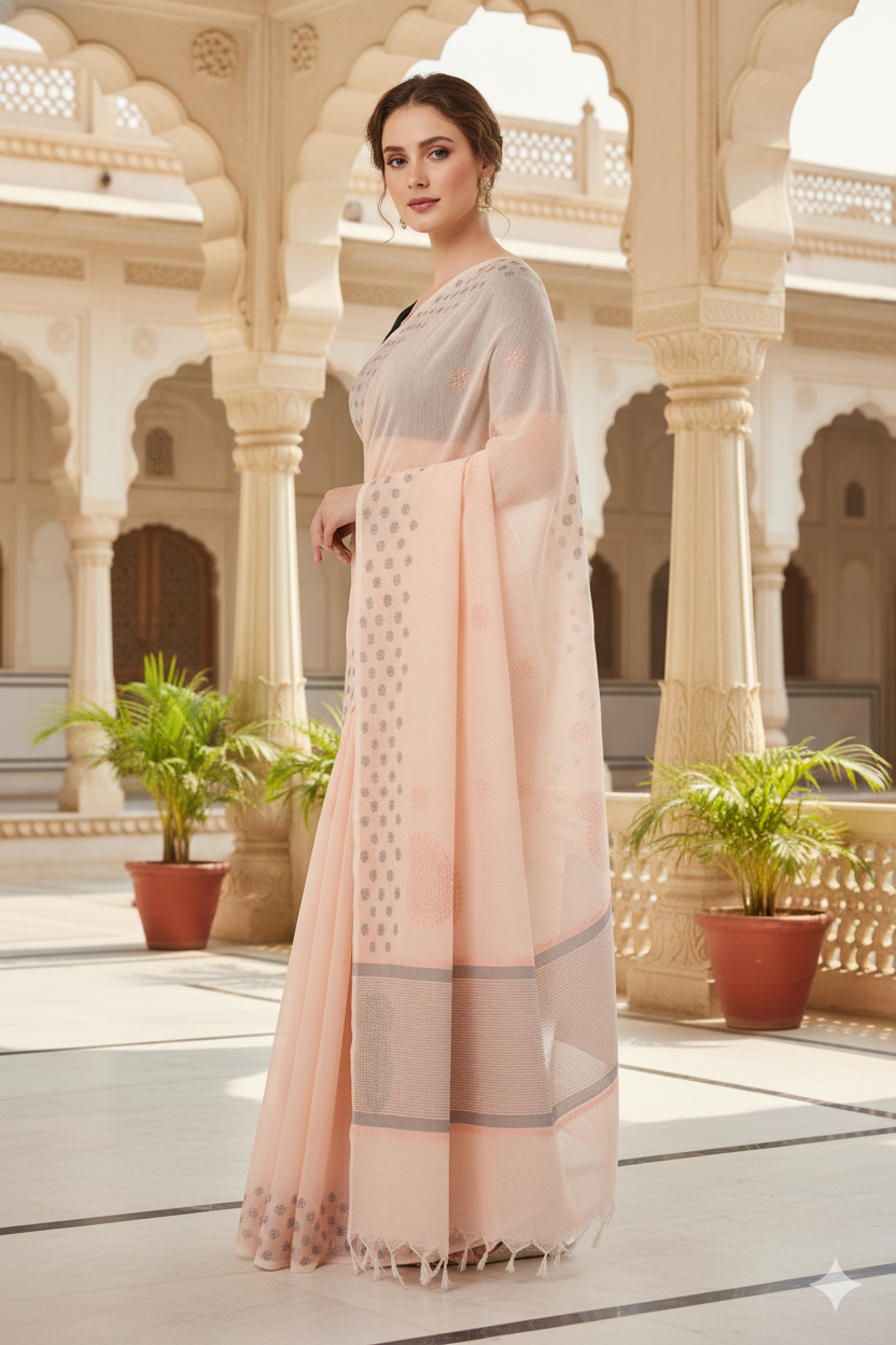 Silakaari Rangrez Peach-Grey Pure HandWork Chanderi Lucknowi Premium Saree