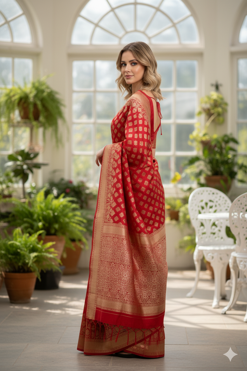 Silakaari Zari Banarasi Tango Gold-Red Woven Brocade Festive Saree