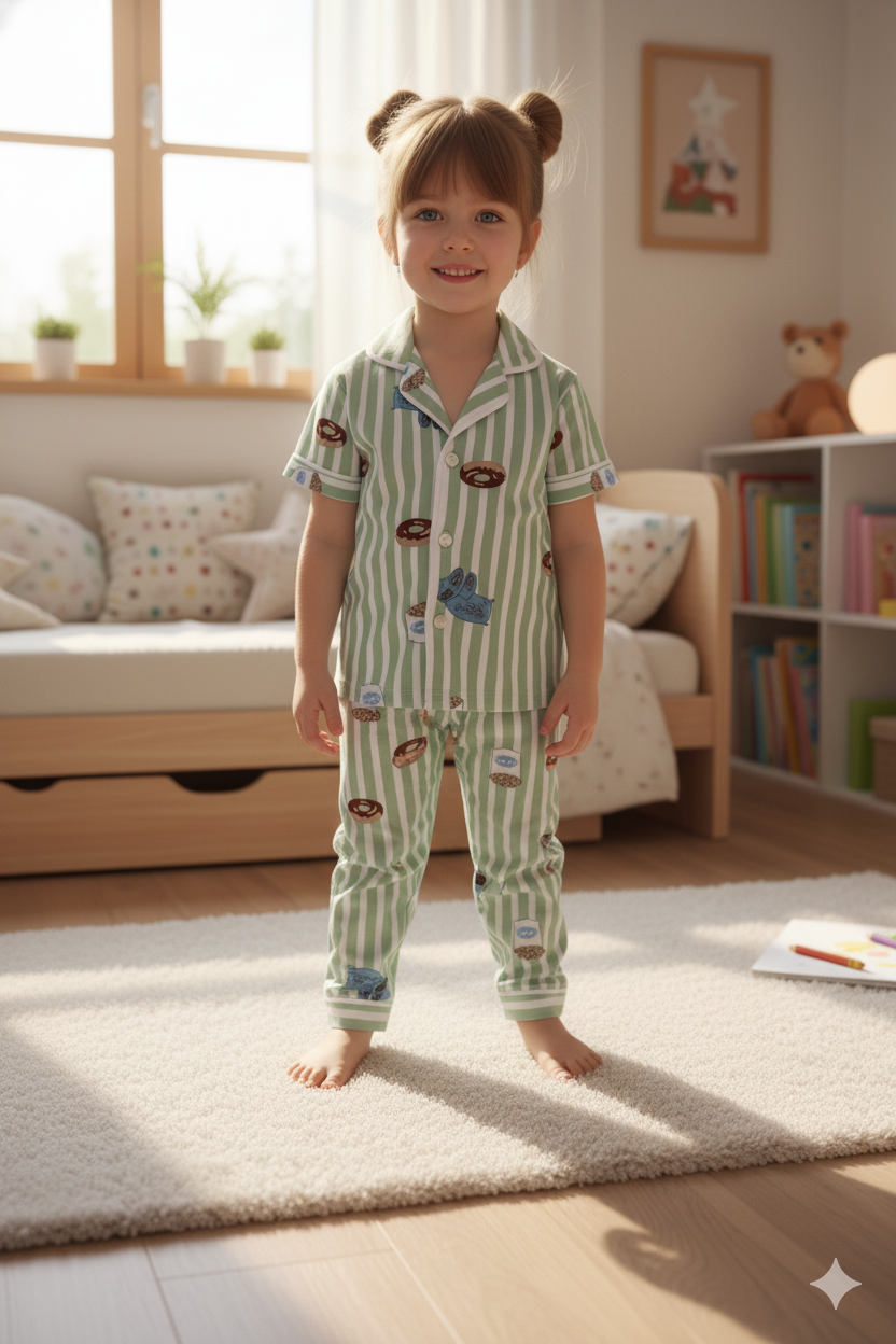 Silakaari Kids Green Casual Printed Night Dress For Girls